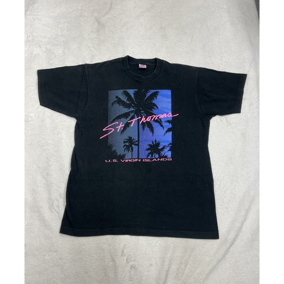 Vtg St. Thomas Virgin Islands Black Palm Tree Beach T-Shirt Single Stitch Size L - Picture 1 of 8